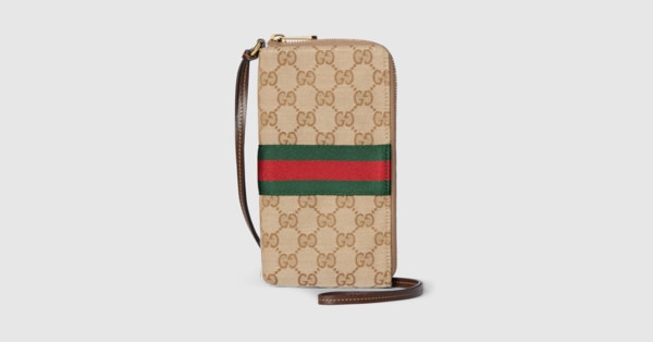 【美品】GUCCI キャンバス セキュリティカード & 携帯ストラップ ストラップ付き GG iPhone ケース ・サンド＆ブラウン GGキャンバス