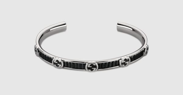 アクセサリー GUCCI Logo Black Patent Silver Bangle Gucci Interlocking crystal bangle bracelet in 925 sterling silver