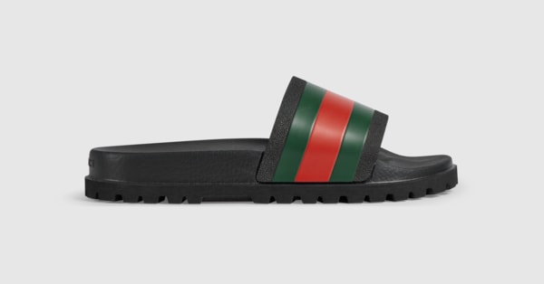 GUCCI メンズサンダル G Black Rubber Web Slide Sandal | GUCCI® US