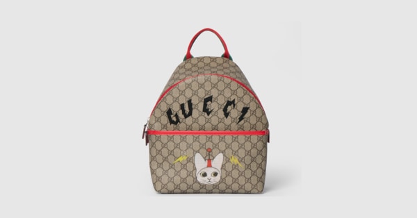 Children's GG backpack with print in beige and brown GG Supreme