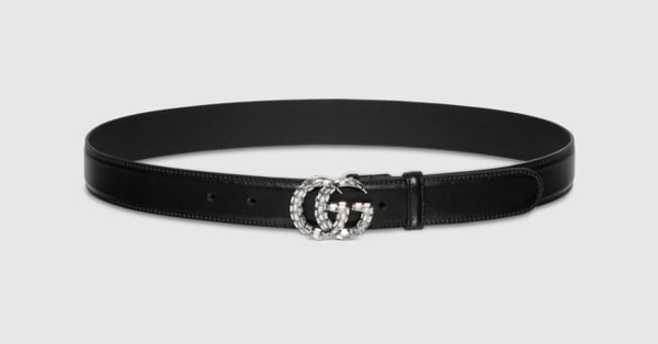 GG Marmont thin belt with crystals in black leather | GUCCI® US