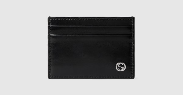 Card case with Interlocking G in black textured leather | GUCCI® US