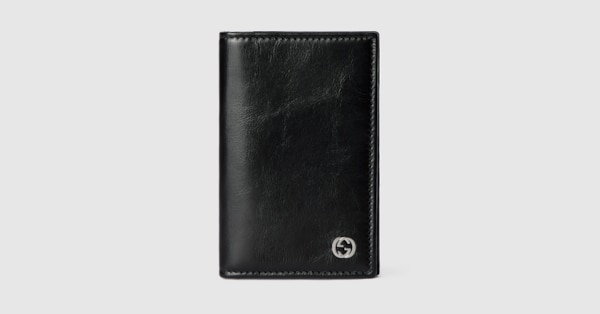 Card case wallet with Interlocking G in black textured leather