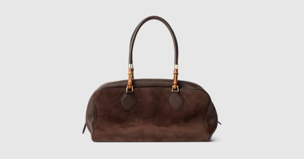 Large boston bag with bamboo in dark brown suede | GUCCI® US
