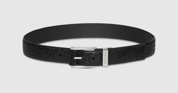 Embossed GG belt with squared buckle in black | GUCCI® ZA