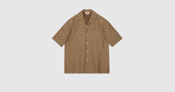GG linen blend canvas shirt in camel and ebony | GUCCI® US