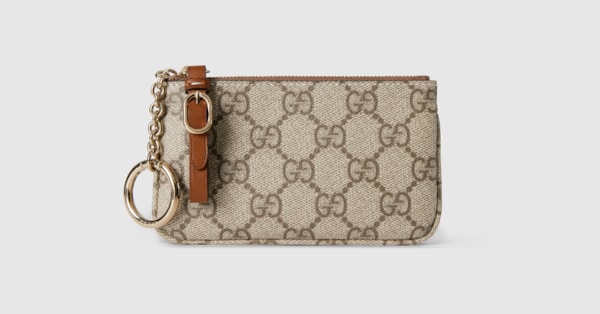 GG Emblem key pouch in beige and dark brown fabric | GUCCI® US