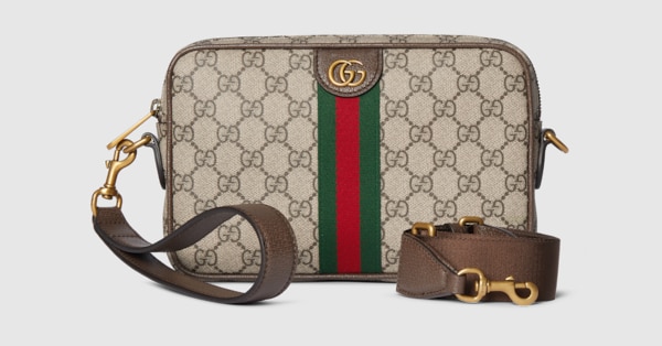 Ophidia small crossbody bag in beige and dark brown fabric | GUCCI® US