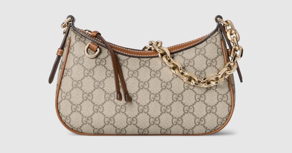 GG Emblem small shoulder bag in beige and dark brown fabric