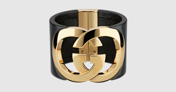 Gucci Interlocking cuff bracelet in black leather | GUCCI® US
