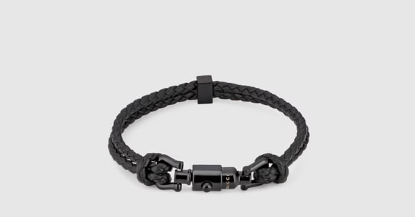 【美品】グッチ　GUCCI ブラック Gロゴ バングル　ブレスレット ピストン ディテール ブレイド ブレスレット ・ブラック コード