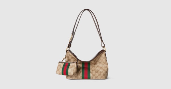 Medium shoulder bag with Web in sand and brown GG canvas | GUCCI® US