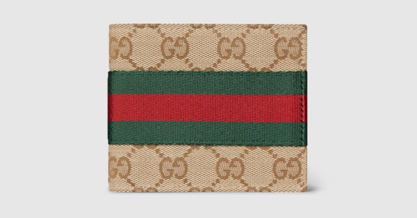 Bi-fold wallet with Web in sand and brown GG canvas | GUCCI® US