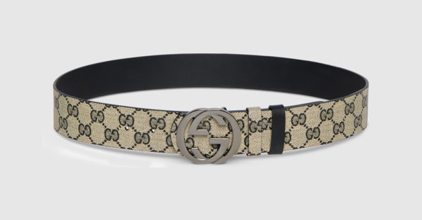 Reversible belt with Interlocking G buckle in beige GG canvas and