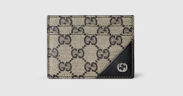 Card case wallet with Interlocking G in beige and black GG canvas