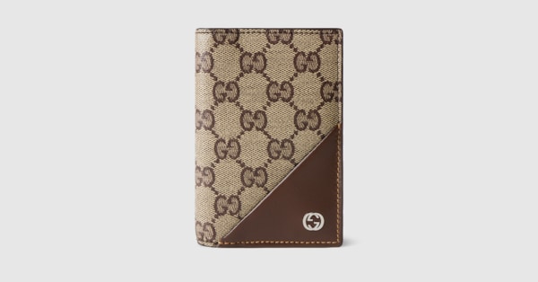 Card case wallet with Interlocking G in beige and brown GG canvas