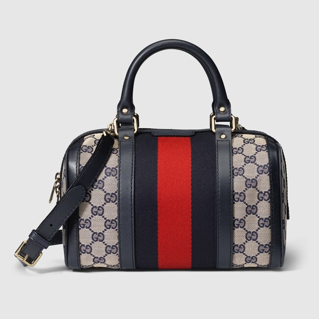 Vintage Web Original Gg Boston Bag In Beige Blue Canvas Vintage Web Original Gg Boston Bag In Beige Blue Canvas With Leather Trim And Red