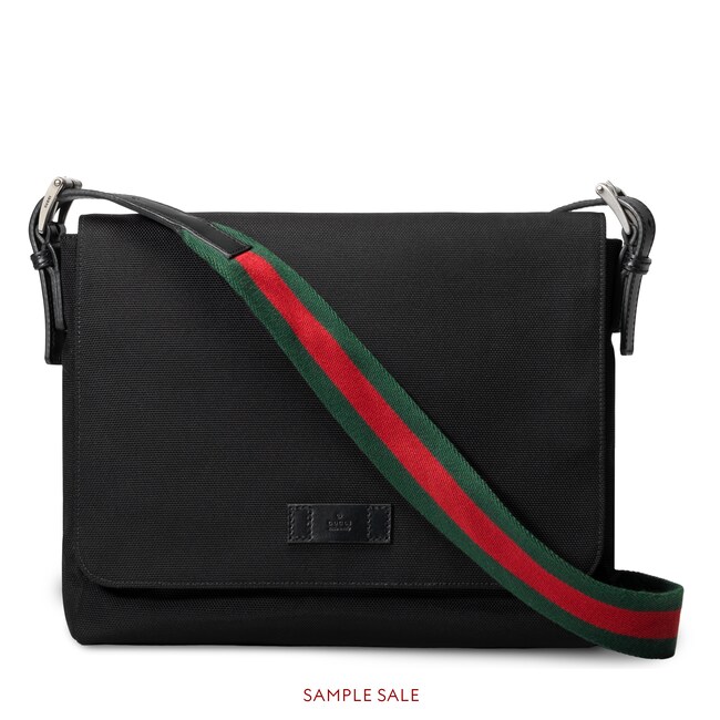 Techno Canvas Messenger Bag In Black With Techno Canvas Messenger Bag In Black With Leather And Green Red Web Detail Gucci Men S Bags