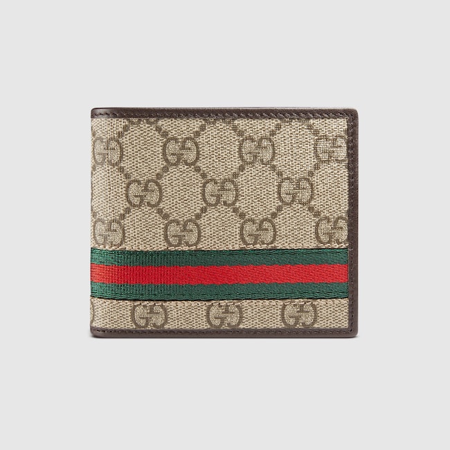 Gg Supreme Web Bi Fold Wallet In Beige Ebony Canvas Made Gg Supreme Web Bi Fold Wallet In Beige Ebony Canvas Made Using An Earth Conscious Process With Green And Red Brown Leather Trim