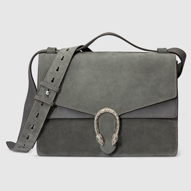 Suede Messenger Bag With Tiger Head In Grey Gucci Monogramming