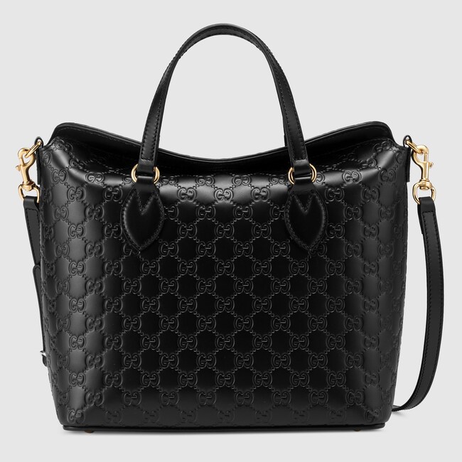 Gucci Signature Leather Top Handle Bag In Black Gucci Signature Leather Top Handle Bag In Black With Detail