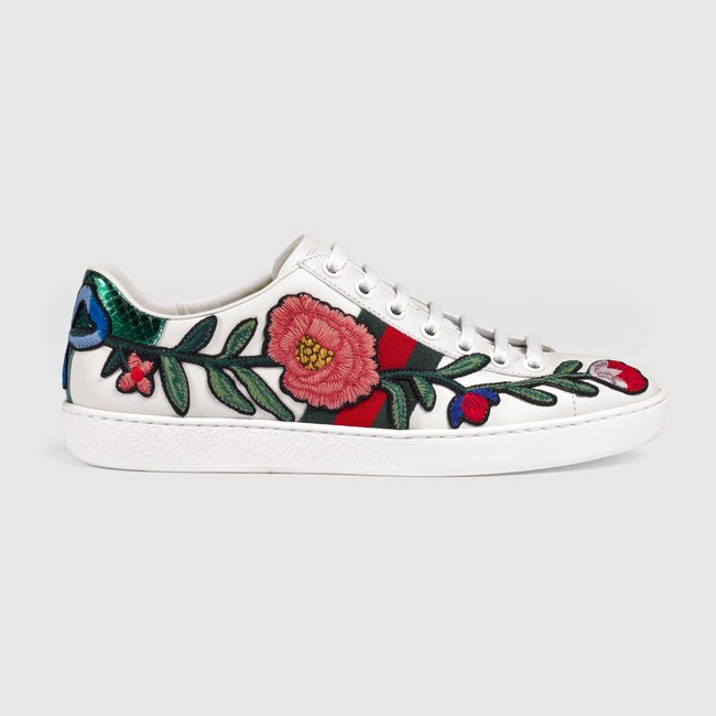 ace embroidered sneaker in white leather with embroidered floral