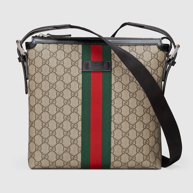 Web Gg Supreme Messenger In Beige Ebony Canvas A Web Gg Supreme Messenger In Beige Ebony Canvas A Material With Low Environmental Impact Black Leather Trims Gucci Men S Bags