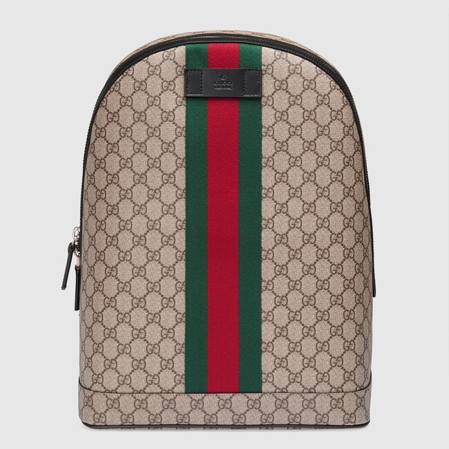 Gg Supreme Backpack With Web In Beige Ebony Canvas A Gg Supreme Backpack With Web In Beige Ebony Canvas A Material Low Environmental Impact Gucci Men S Backpacks