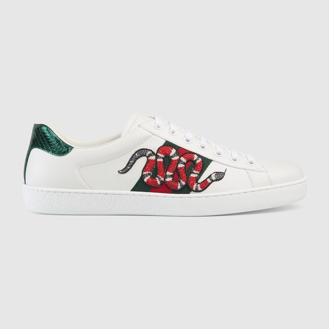 ace embroidered sneaker in white leather with green and red web