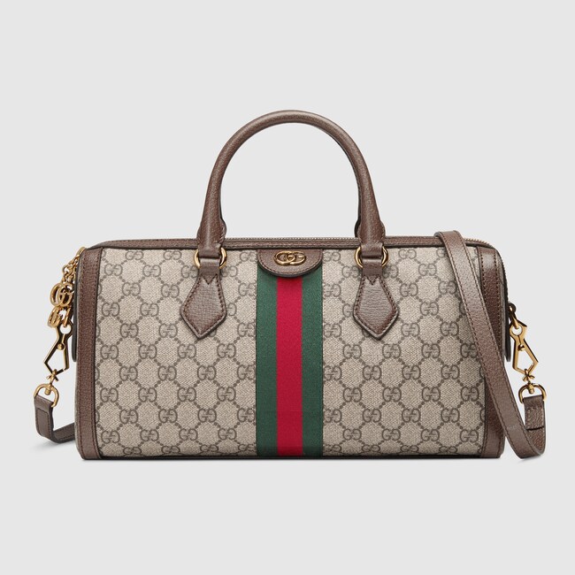 Ophidia Gg Medium Top Handle Bag In Beige Ebony Supreme Canvas A Ophidia Gg Medium Top Handle Bag In Beige Ebony Supreme Canvas A Material With Low Environmental Impact Brown Leather Trim Gucci Women S
