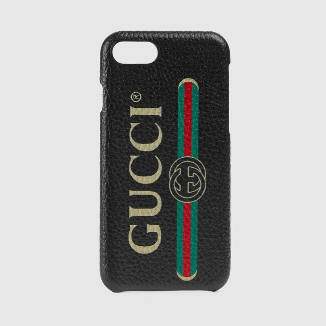 gucci print iphone 8 case in black supreme canvas with leather