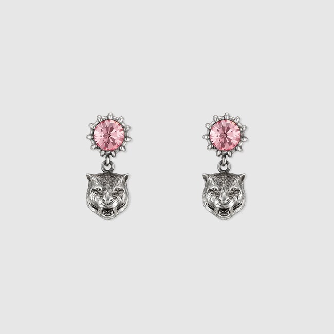 Crystal Stud Earrings With Feline Head In Metal Aged Finish Crystal Stud Earrings With Feline Head In Metal Aged Finish Gucci Fashion Jewelry For Women