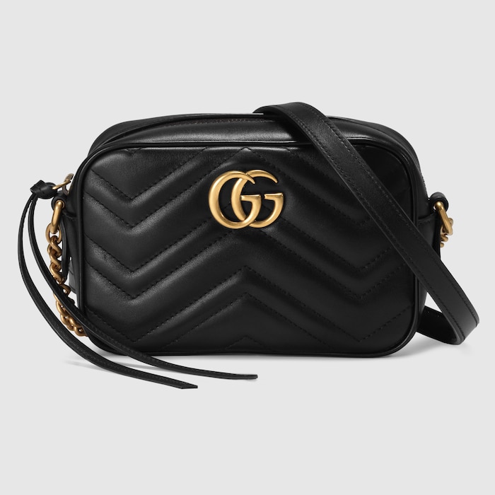 Black Leather GG Marmont Matelassé Mini Bag Zip Top Closure