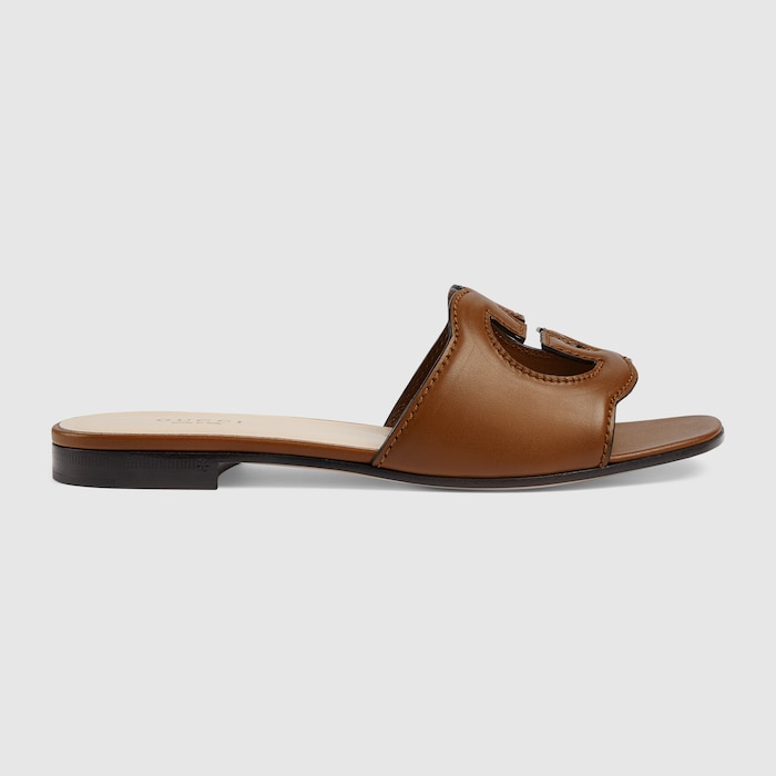 Mules à détail GG ajouré pour femme en cuir couleur naturelle