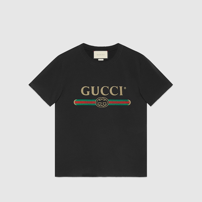 男士Gucci标识印花超大造型T恤in 黑色水洗针织棉| GUCCI® NZ