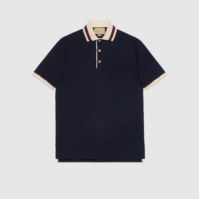 Cotton polo shirt with GG embroidery in dark blue | GUCCI® US