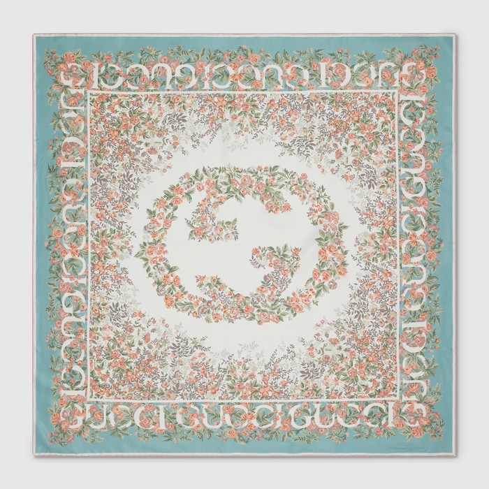 GUCCI グッチ プリントシルクツイル　マルチカラー　シルク　スカーフ プリント シルクツイル スカーフマルチカラー＆ダークブルー
