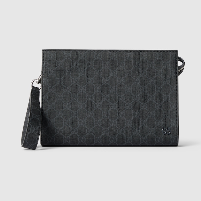 Grey trim medium pouch in black GG Supreme canvas | GUCCI® US