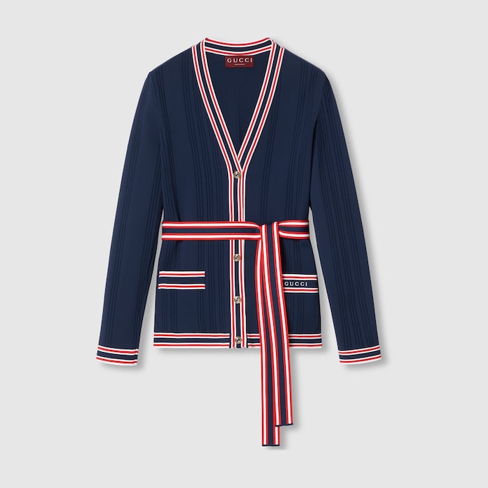 Self-tie cardigan with striped trim in dark blue | GUCCI® US