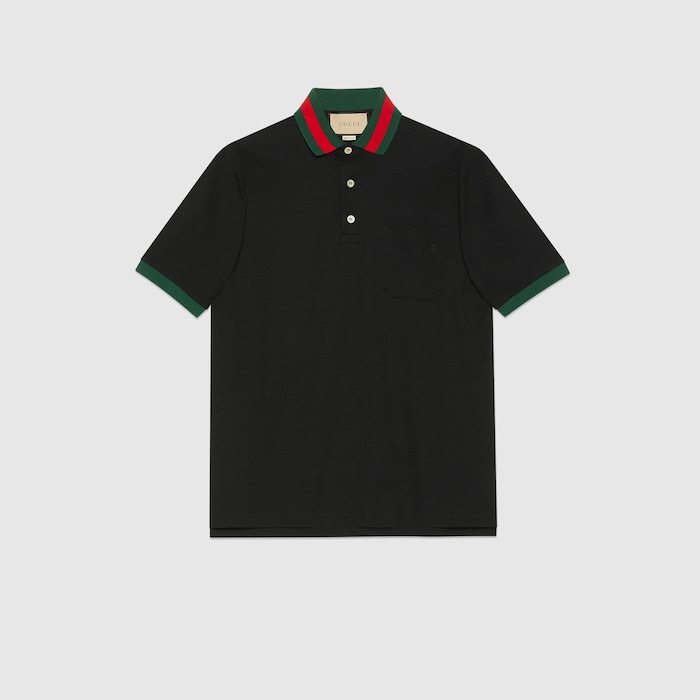 Cotton piquet polo with Web collar in black | GUCCI® US