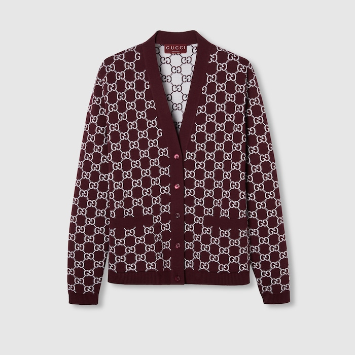 Reversible GG wool jacquard cardigan in bordeaux and white | GUCCI® US