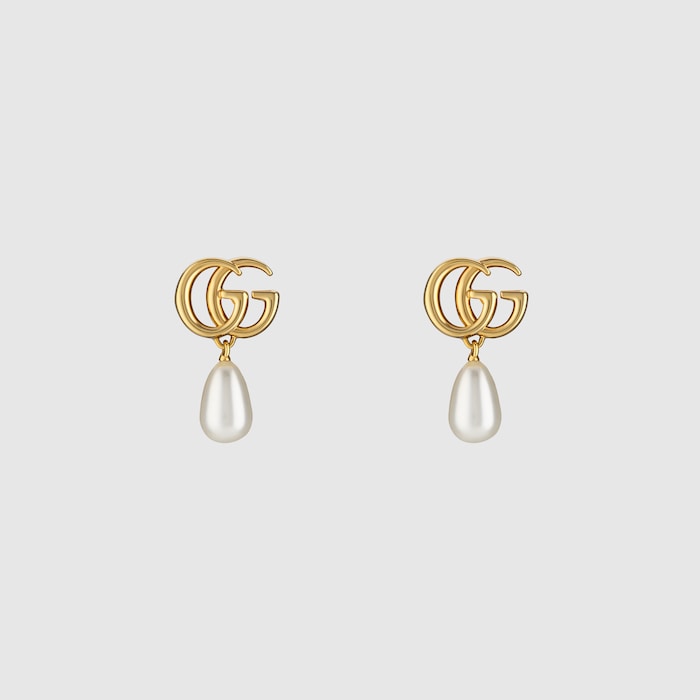 GG Marmont pearl drop earrings in yellow gold-toned metal | GUCCI® US