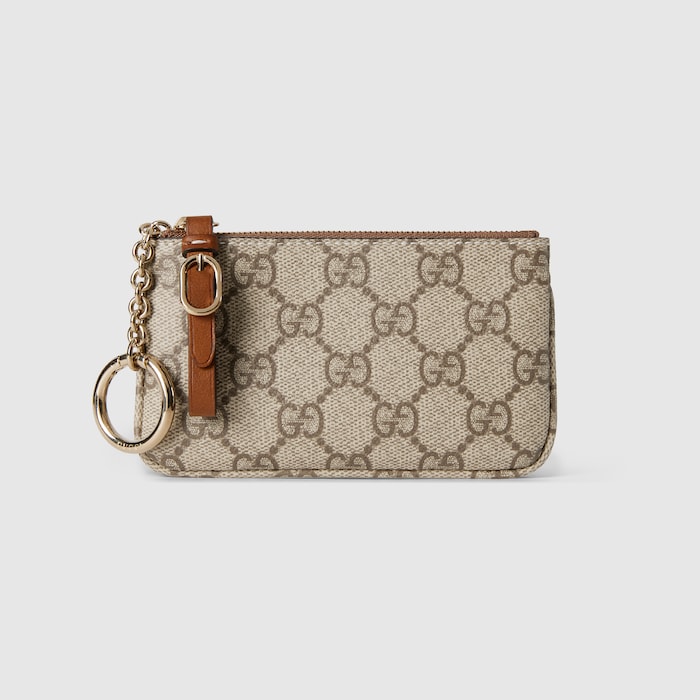 GG Emblem key pouch in beige and dark brown fabric | GUCCI® US