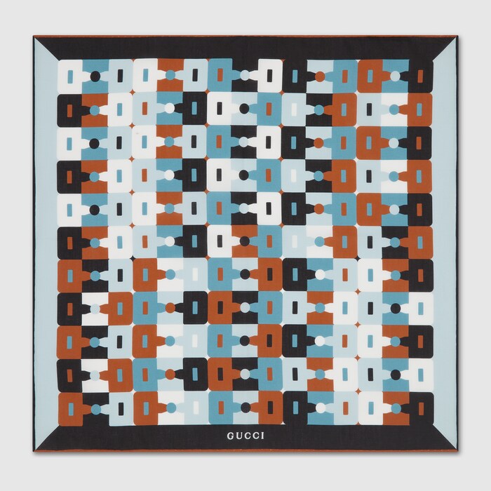 プリント コットン ハンカチ ・ブラウン＆ライトブルー | GUCCI公式