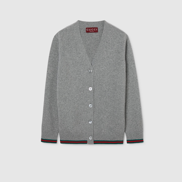 Wool and cashmere cardigan with Web in grey mélange | GUCCI® US