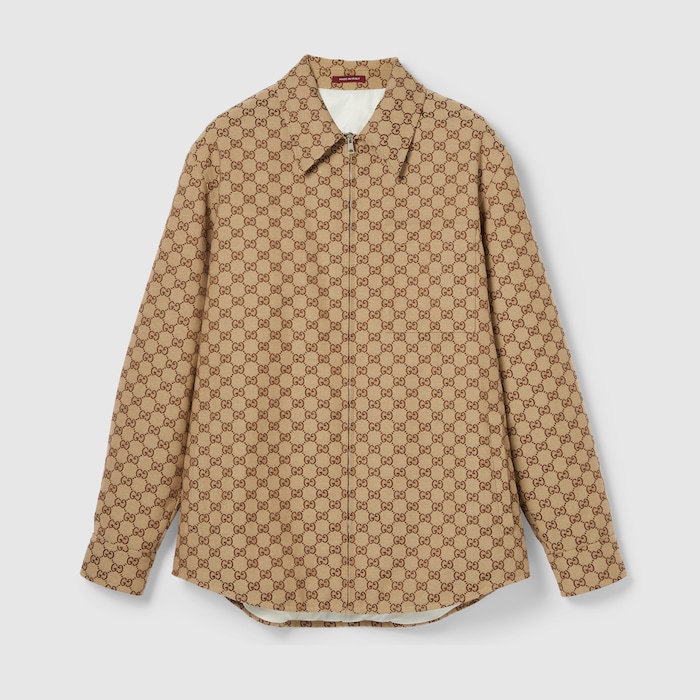 GUCCI　ラインストーン　クロス　スカル　ミリタリーシャツ　Y2K GGキャンバス オーバーシャツ ・キャメル＆ダークブラウン | GUCCI公式