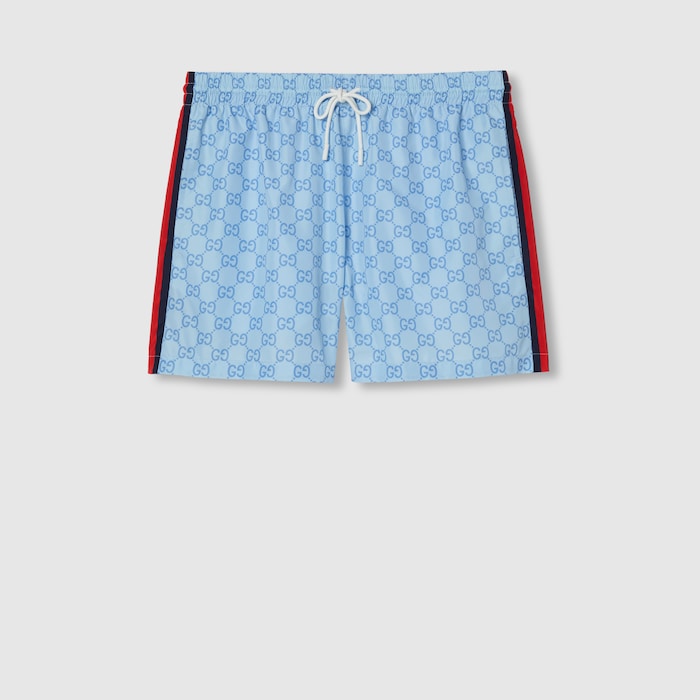 Printed poplin tech swim shorts in light blue | GUCCI® US