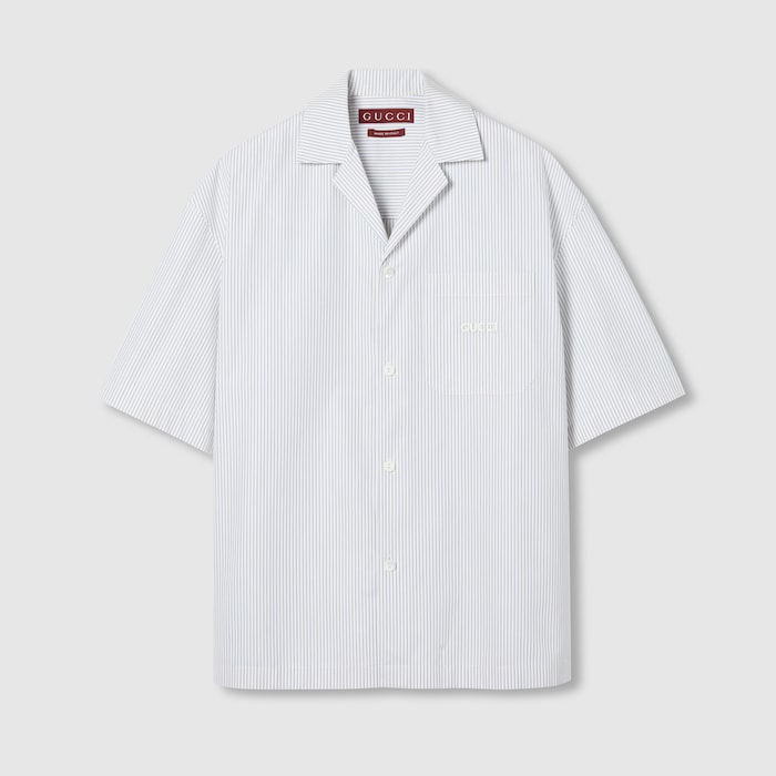 GUCCI シャツ Embroidered striped cotton shirt in white and light blue