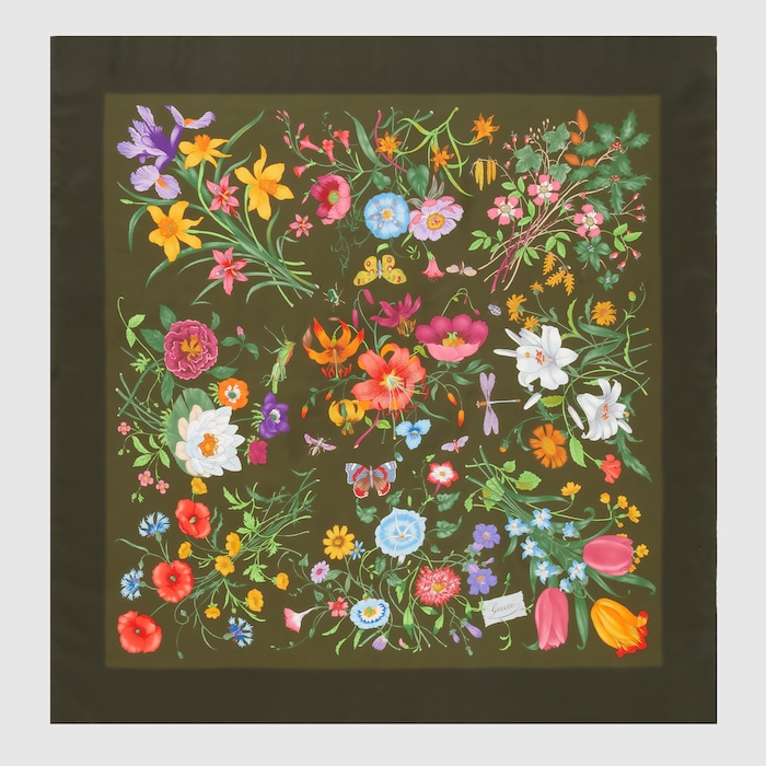 GUCCI　花柄　スカーフ　ｗ0826-0203-7-4 Printed silk twill carré in green and multicolour | GUCCI® US