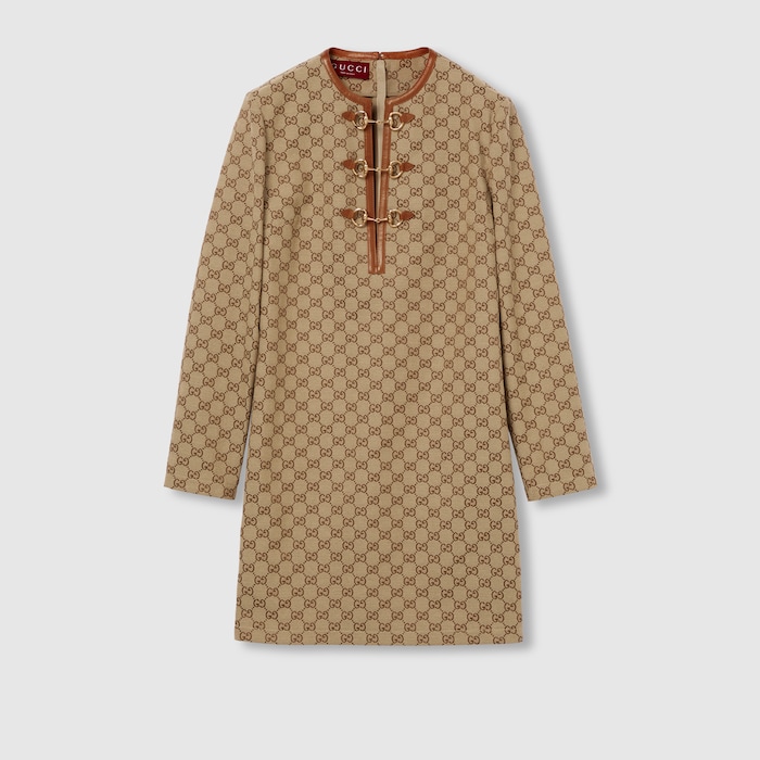GUCCI ロングワンピース ホースビット Aライン プリーツ 42 キャメル ホースビット付き GGキャンバス ドレス ・キャメル＆ダークブラウン